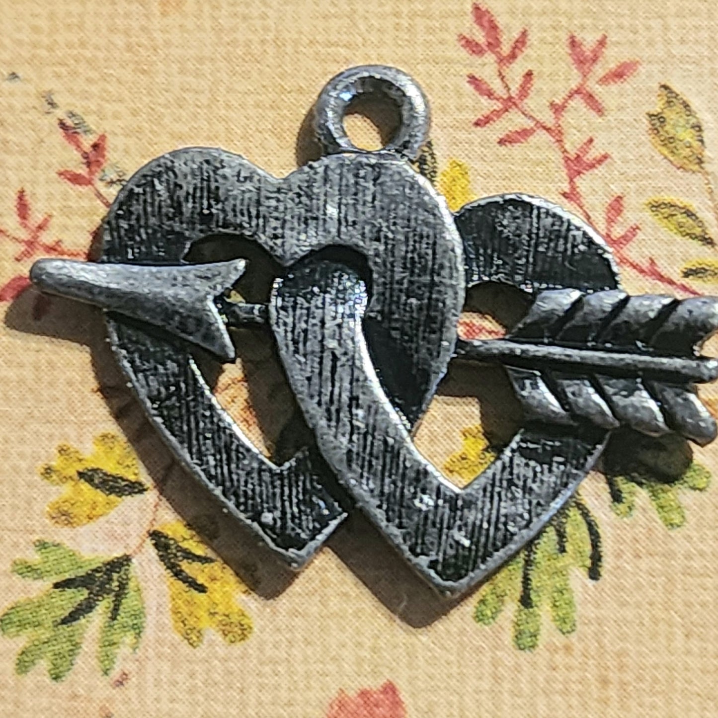 Silver metal double heart arrow charm 23mm long
