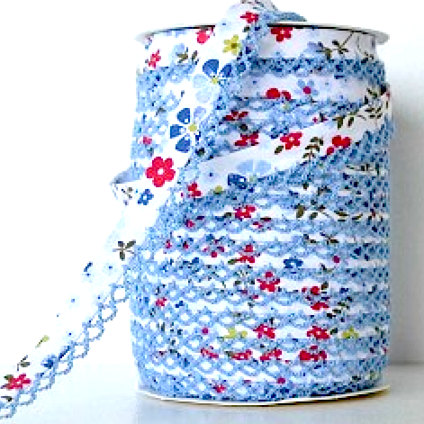 Blue red floral picot trim bias binding (double fold) PRICED PER METRE