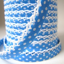 Sky blue white spot picot trim bias binding (double fold) PRICED PER METRE