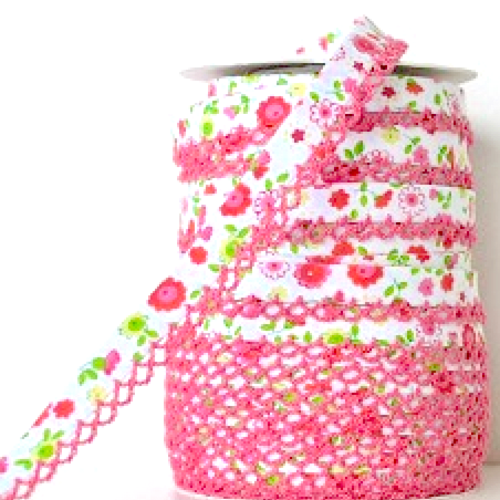 Watermelon green floral picot trim bias binding (double fold) PRICED PER METRE