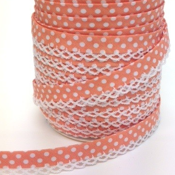Salmon white spot picot trim bias binding (double fold) PRICED PER METRE