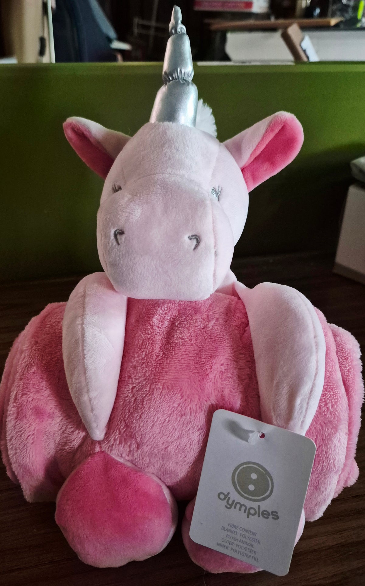 Pink plush unicorn with crib blanket