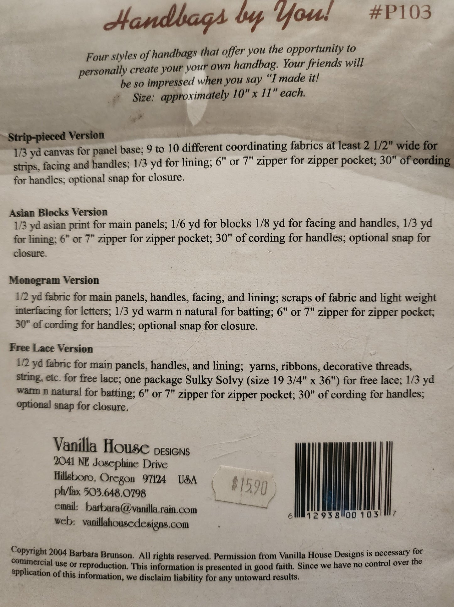 Vanilla House Designs Handbags by You Pattern P103 *