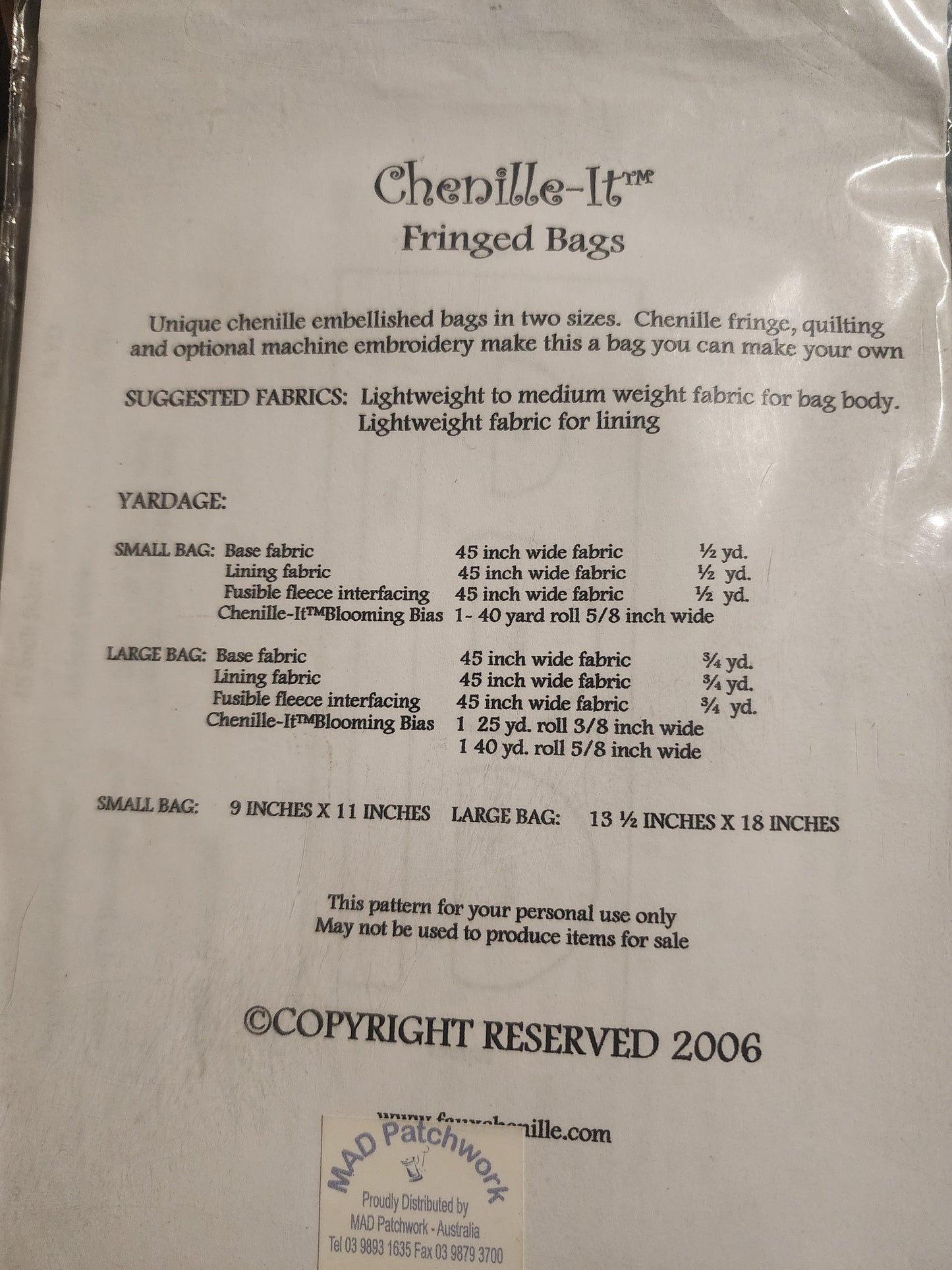 Fringed Bags bag pattern by Chenille-It C605 *