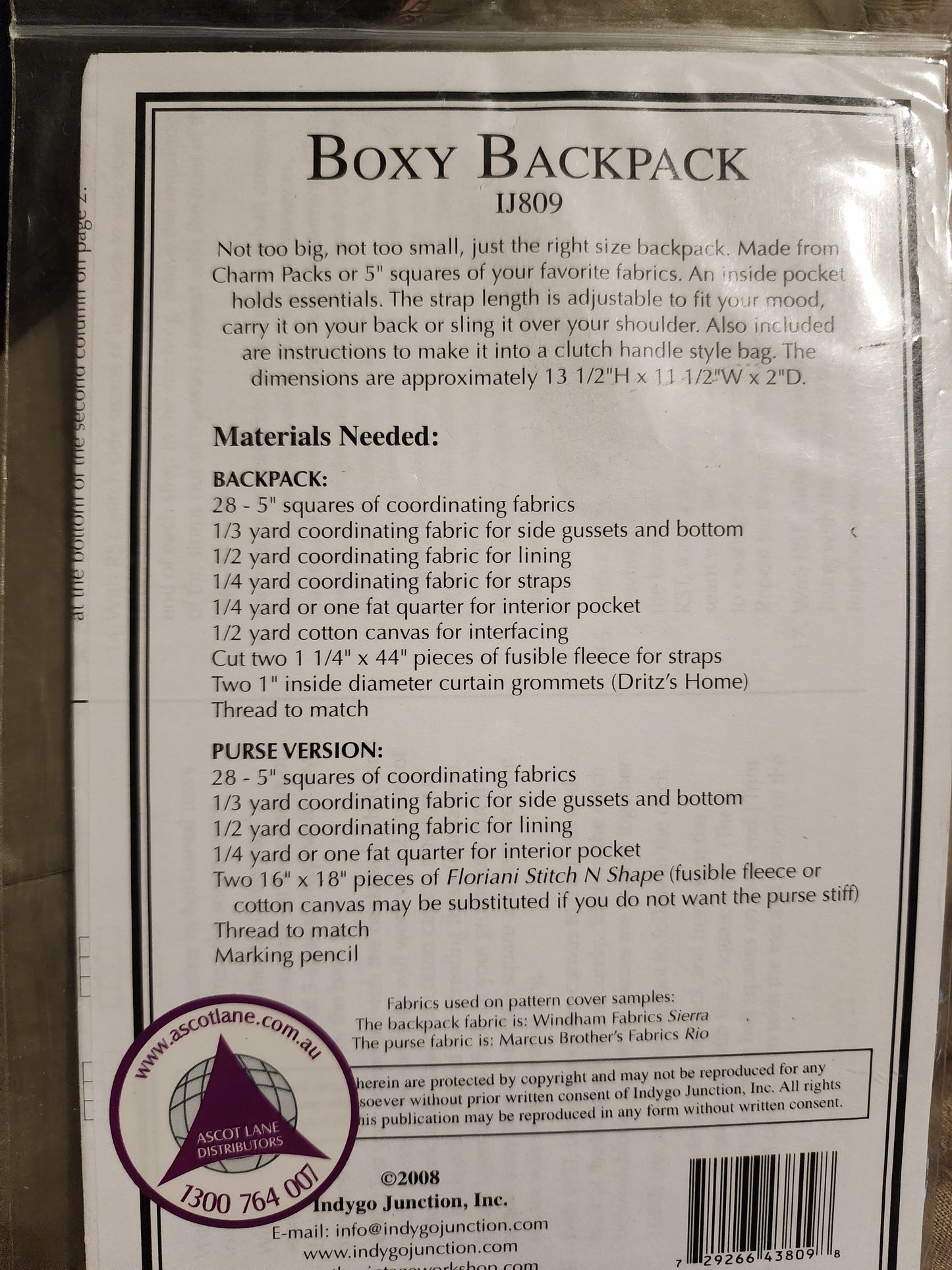 Boxy Backpack Pattern by Indygo Junction IJ809 *