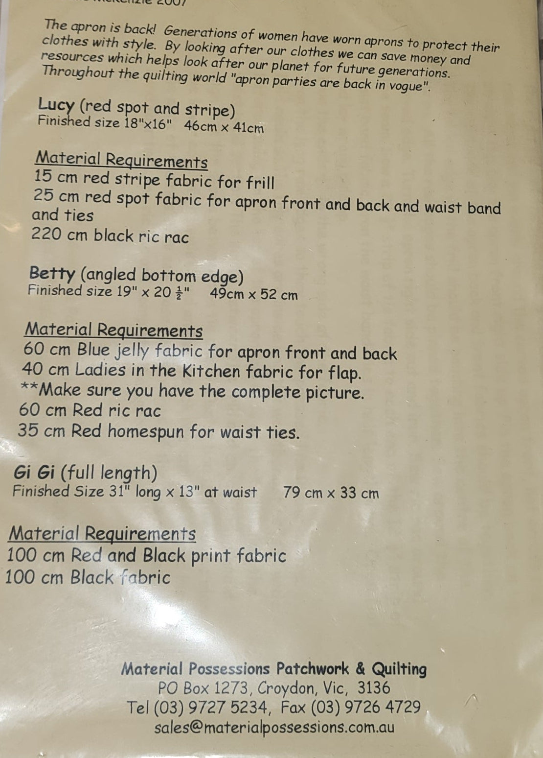 Lucy, Betty & GiGi apron patterns (by Material Possessions)