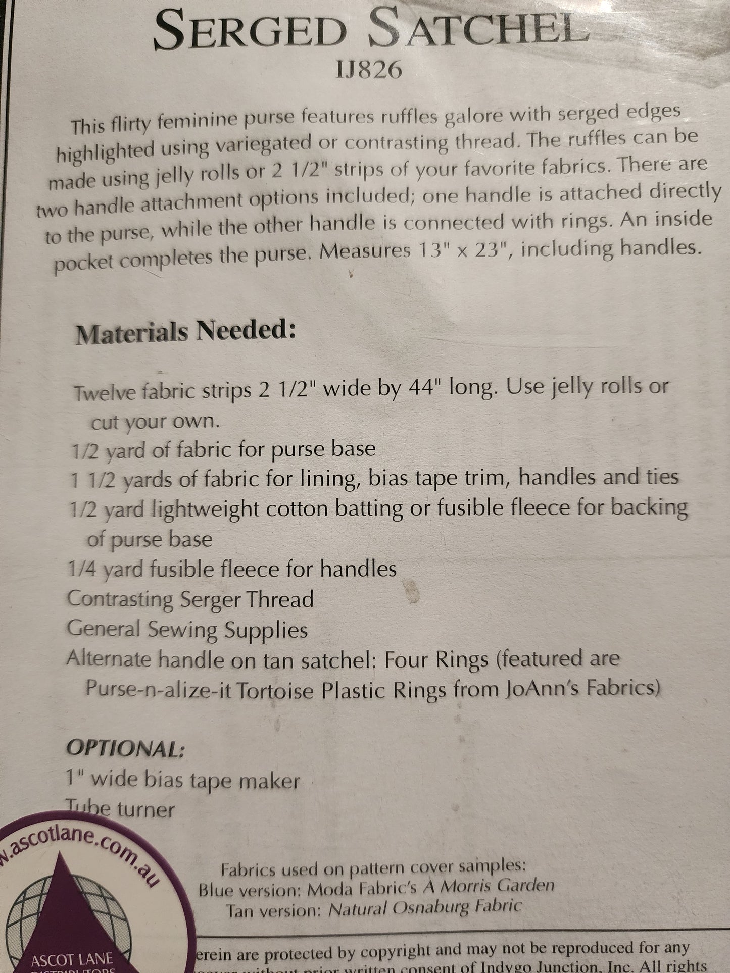 Serged Satchel by Indygo Junction Pattern IJ826 *