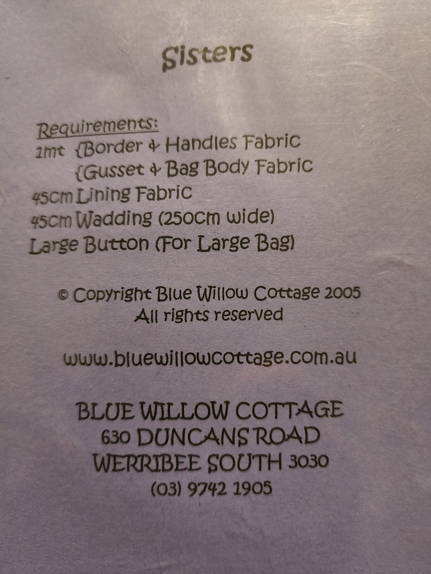 Sisters bag pattern by Blue willow Designs *