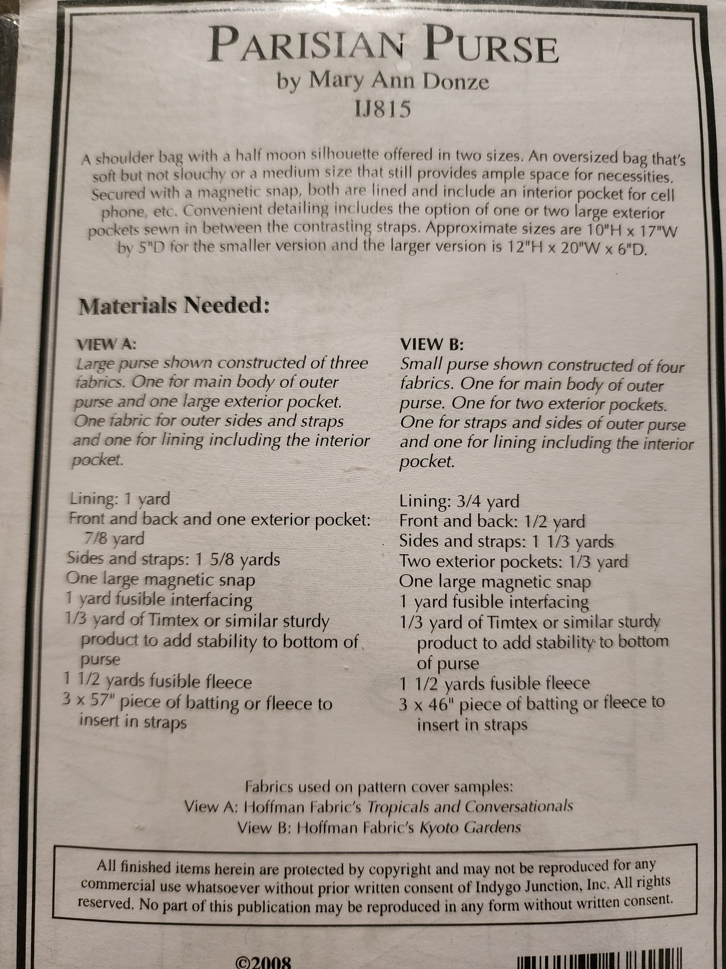 Parisian Purse Pattern by Indygo Junction IJ815 (a Mary Ann Donze Design) *