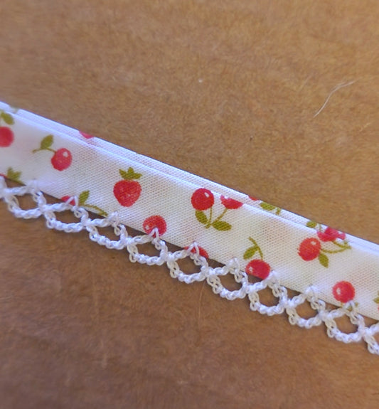 Strawberry cherry white picot trim bias binding (double fold) PRICED PER METRE