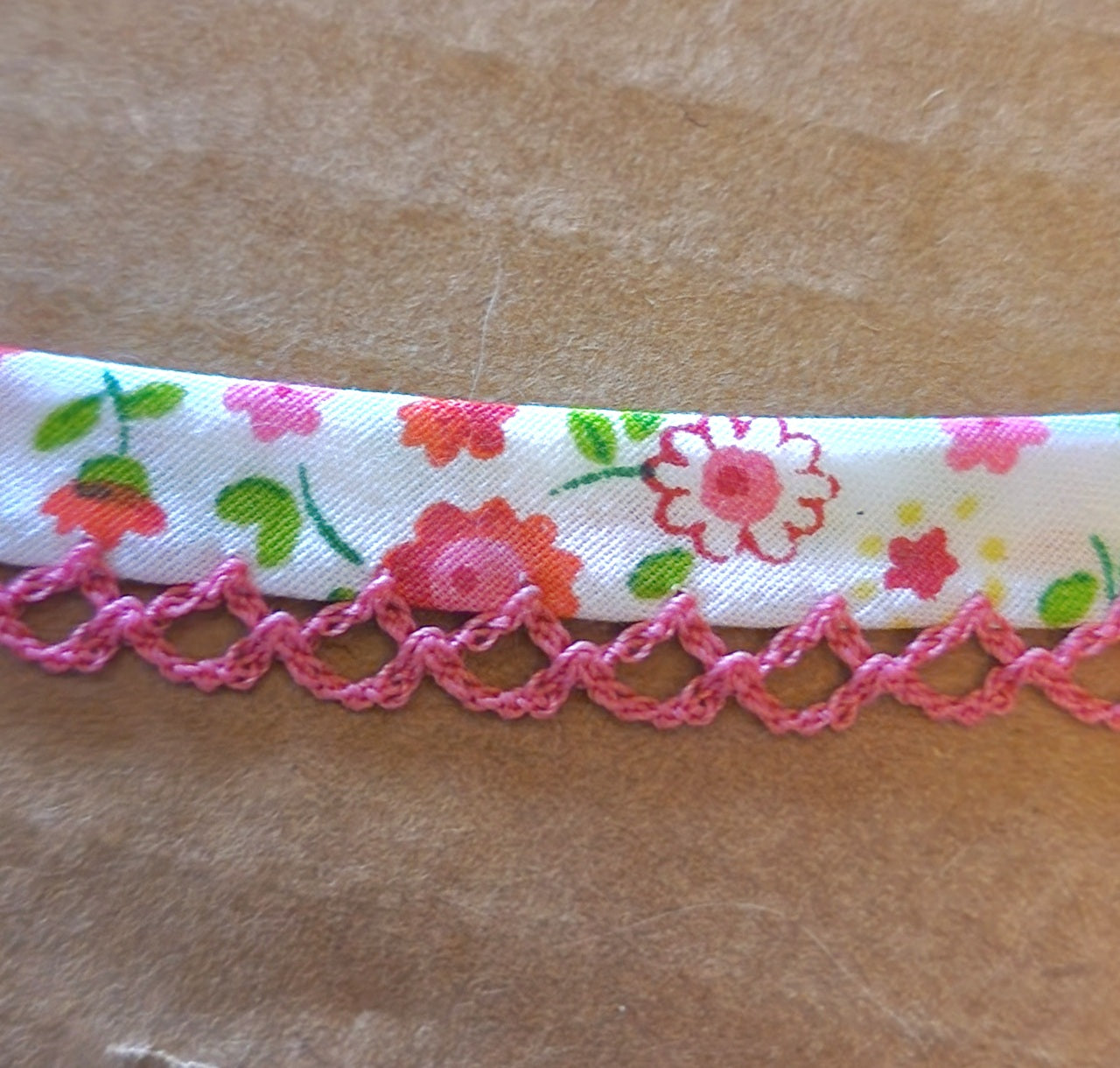 Watermelon green floral picot trim bias binding (double fold) PRICED PER METRE