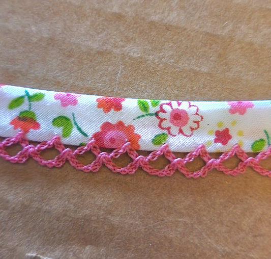 Watermelon green floral picot trim bias binding (double fold) PRICED PER METRE