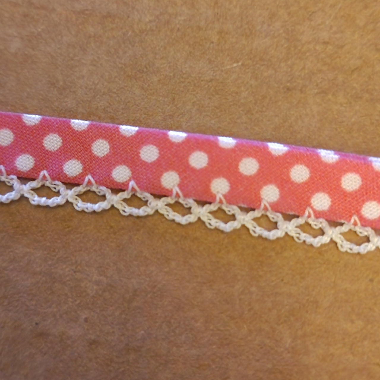 Candy pink white spot picot trim bias binding (double fold) PRICED PER METRE