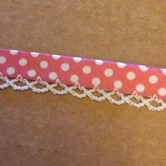 Candy pink white spot picot trim bias binding (double fold) PRICED PER METRE