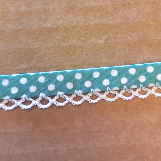 TEAL white spot picot trim bias binding (double fold) PRICED PER METRE