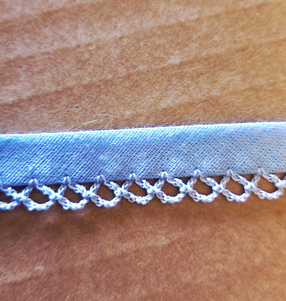 Baby blue picot trim bias binding (double fold) PRICED PER METRE