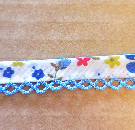 Blue red floral picot trim bias binding (double fold) PRICED PER METRE