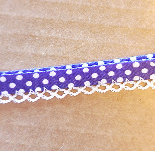 Purple white spot picot trim bias binding (double fold) PRICED PER METRE