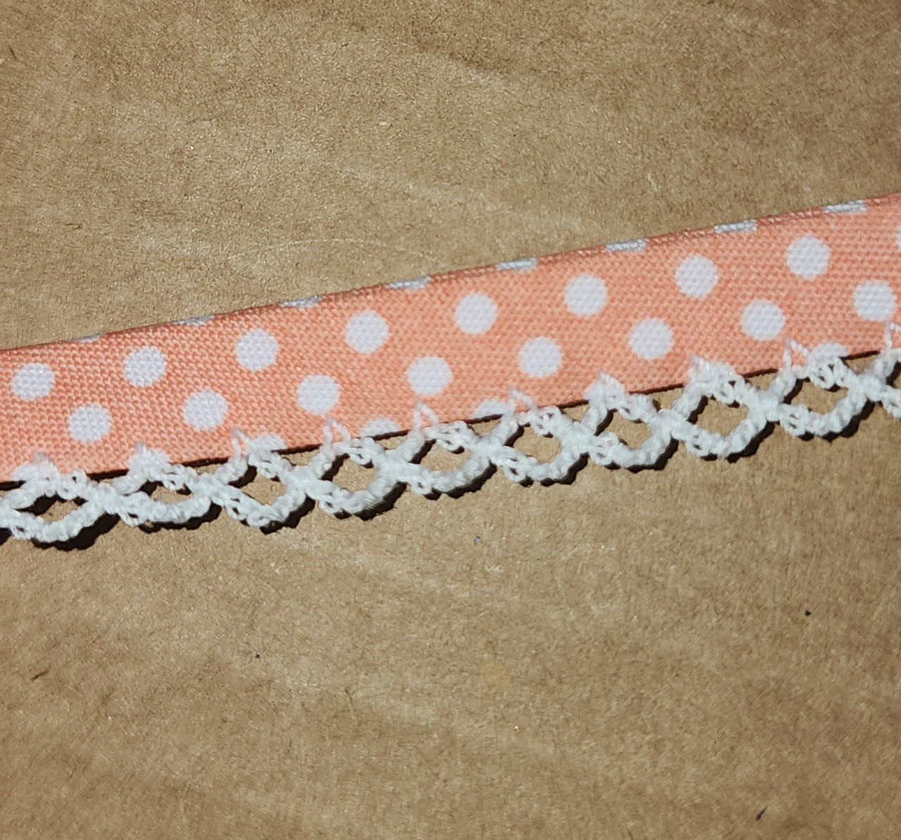 Salmon white spot picot trim bias binding (double fold) PRICED PER METRE