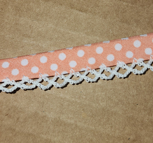 Salmon white spot picot trim bias binding (double fold) PRICED PER METRE