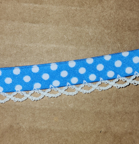 Sky blue white spot picot trim bias binding (double fold) PRICED PER METRE