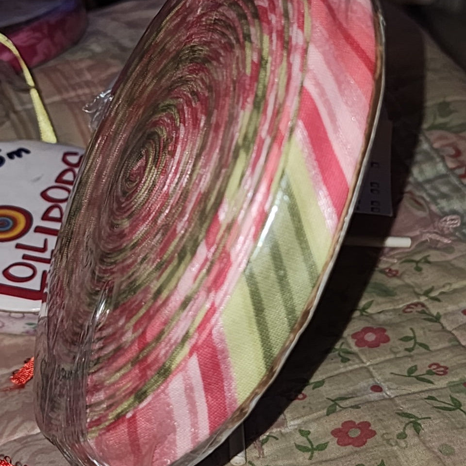 Lollipop bias binding - pink green diagonal stripe 12 yards Queen size quilt