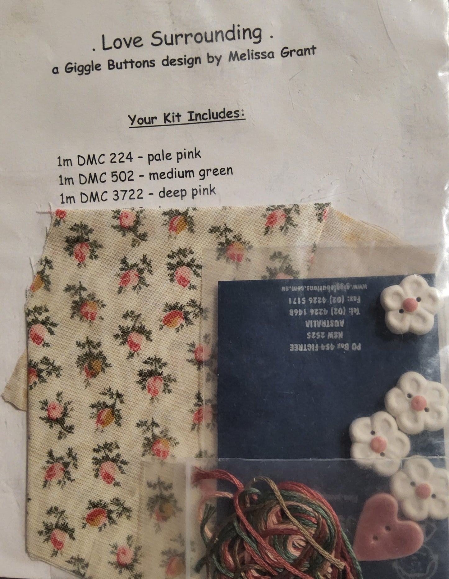 Love Surrounding panel kit (includes fabric, threads, 5 ceramic buttons & iron-on stabilizer) by Giggle Buttons