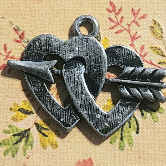 Silver metal double heart arrow charm 23mm long