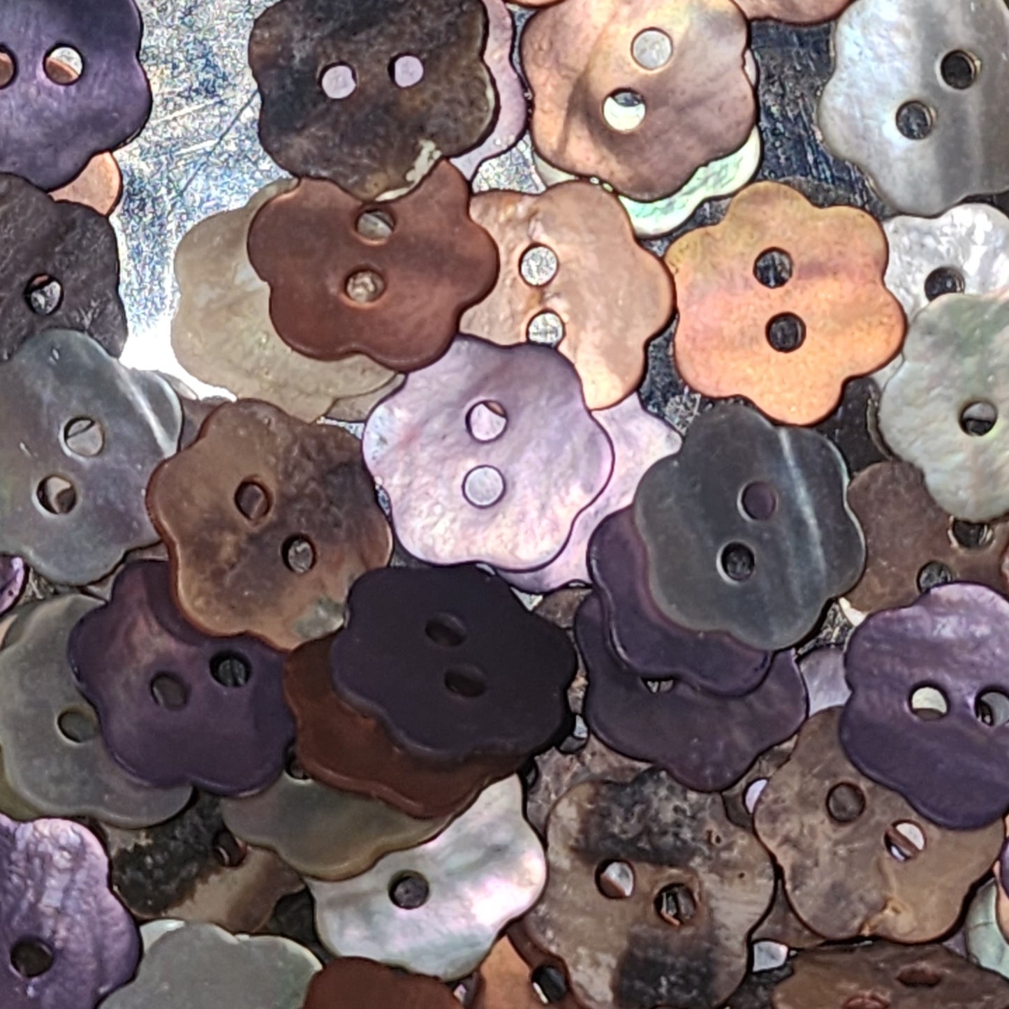 Tiny mother of pearl flower buttons 10mm (assorted colours)