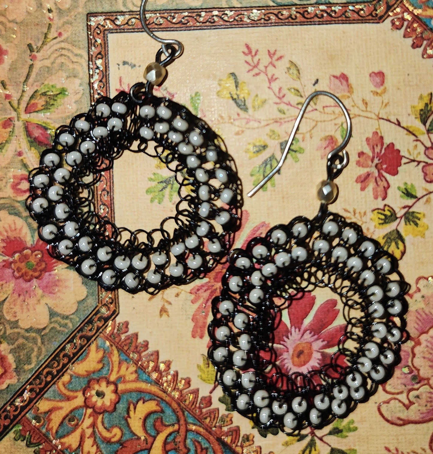 Crocheted wire beaded earrings 30mm diameter