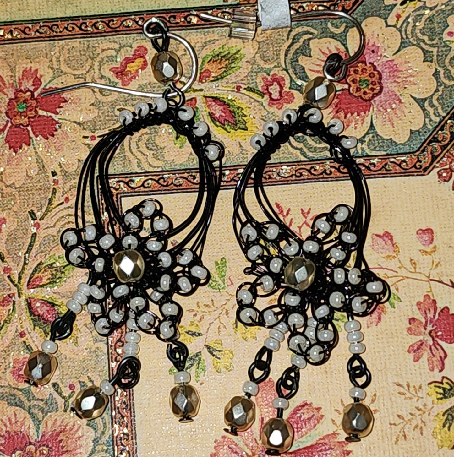 Wire beaded star earrings 55mm drop