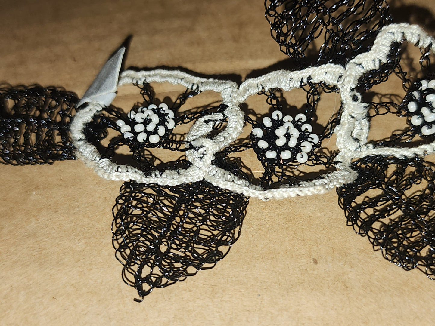 Black&Cream crocheted wire, bead and thread bracelet - handmade