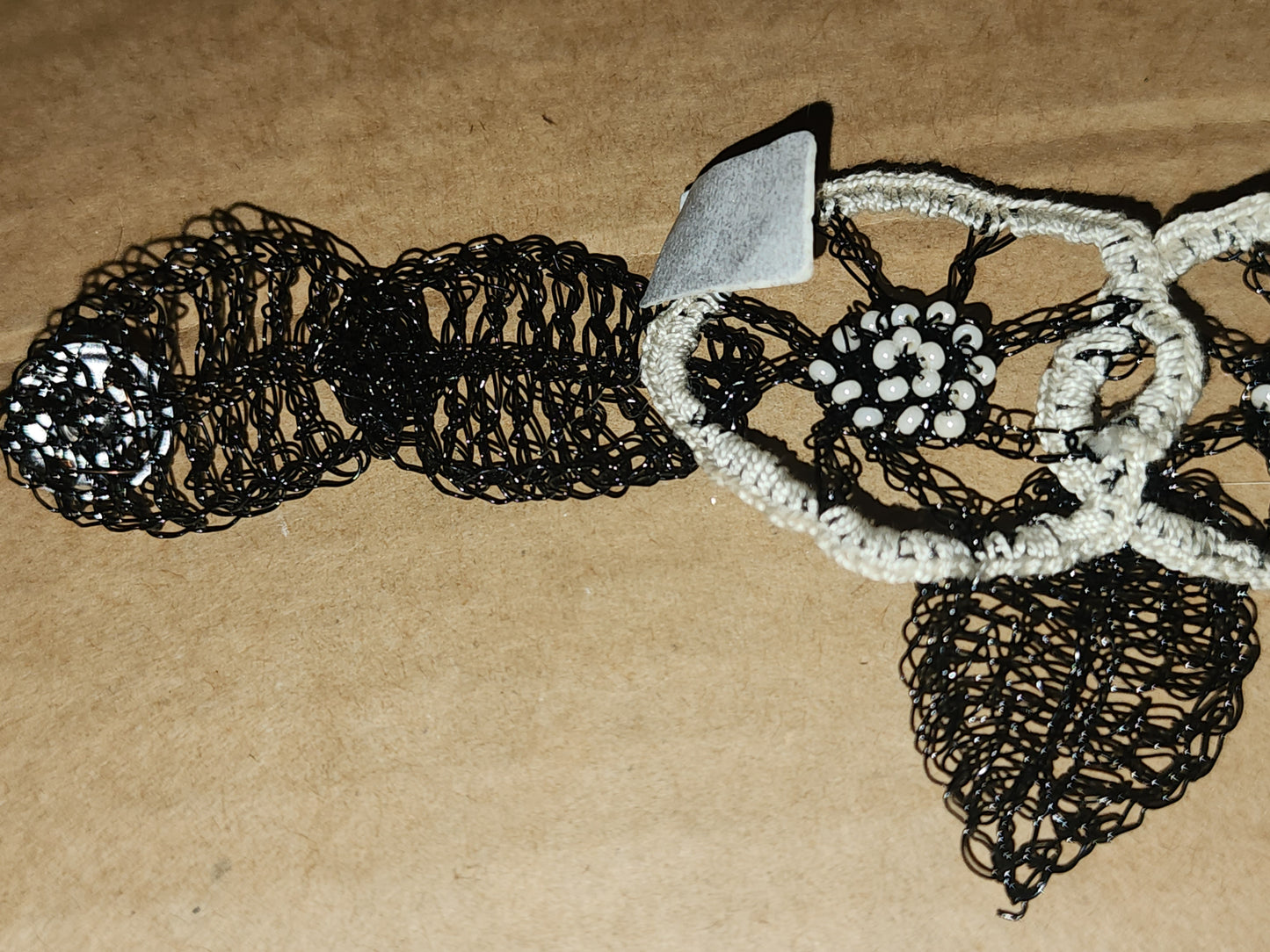 Black&Cream crocheted wire, bead and thread bracelet - handmade