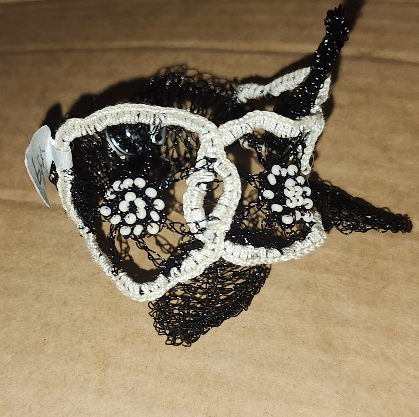 Black&Cream crocheted wire, bead and thread bracelet - handmade