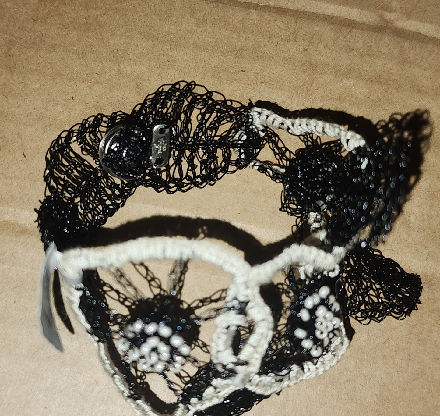 Black&Cream crocheted wire, bead and thread bracelet - handmade