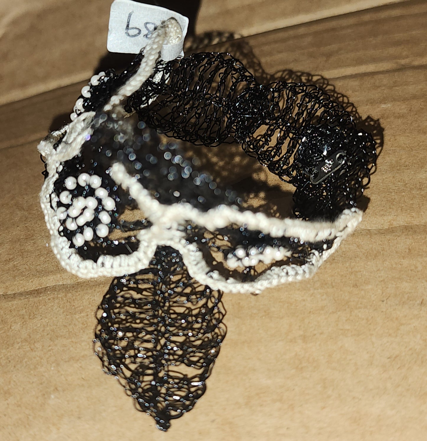Black&Cream crocheted wire, bead and thread bracelet - handmade