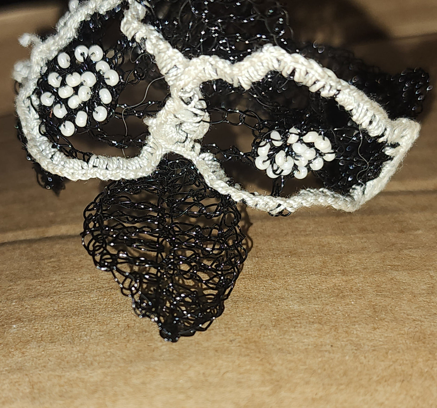Black&Cream crocheted wire, bead and thread bracelet - handmade