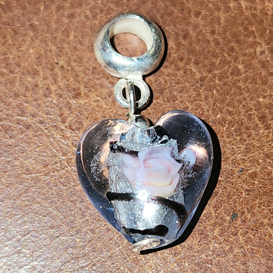 Sterling silver glass rose in heart dangle charm/pendant 15mm
