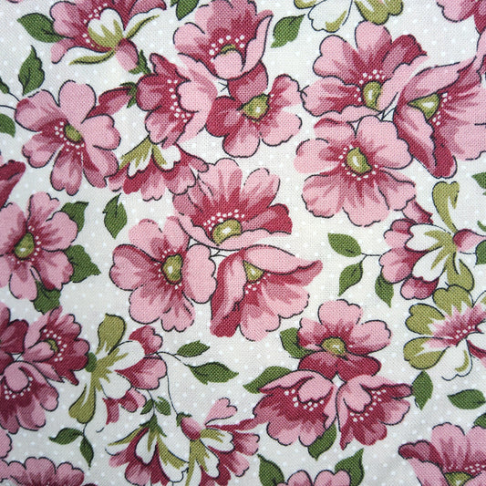 Hooked on Hankies pink flowers on white pindot background RJR FABRICS 4931