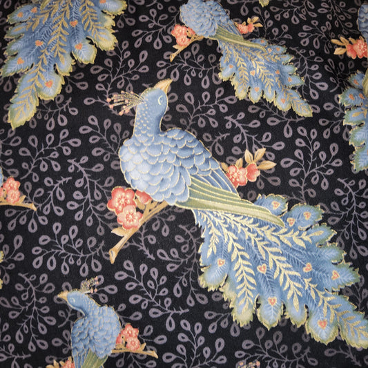 Faye Burgos for Marcus Fabrics cotton metallic lyre bird blue peach. *