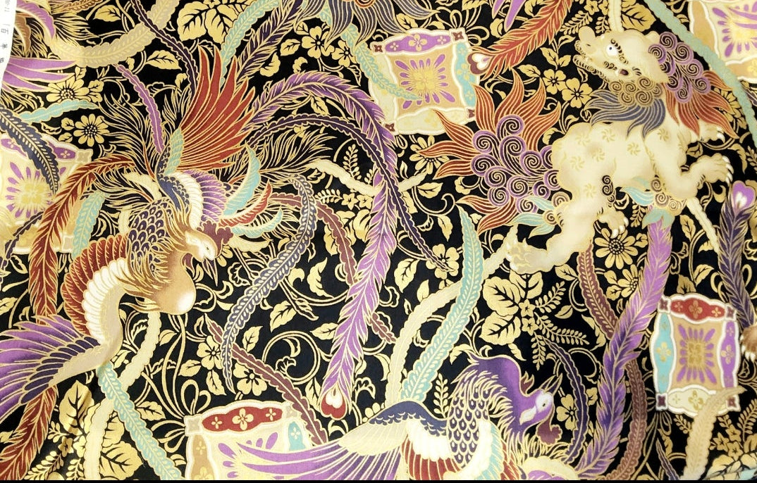 Hyakka Ryoran for Quilt Gate HR5820-11 Dragon and Pheonix  Black*