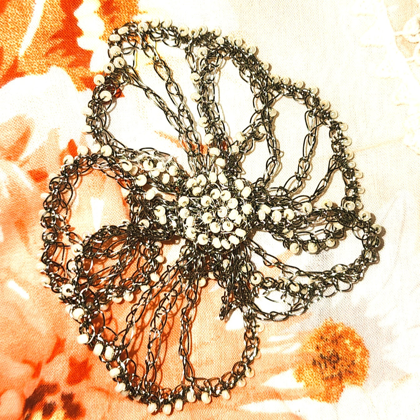 Crocheted wire beaded flower brooch 7cm (Lisa Toland Design)