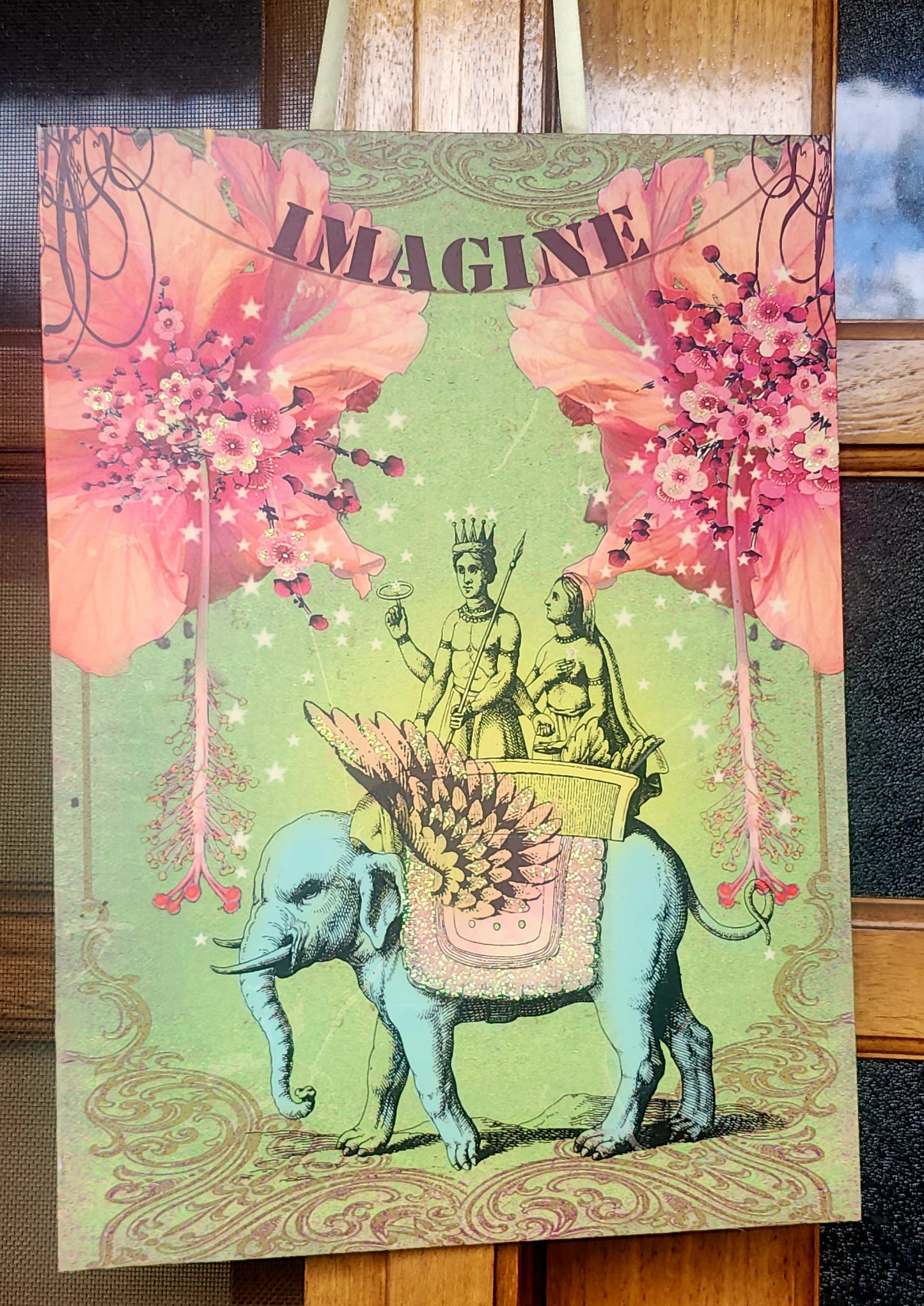 Papaya "Imagine" print with elephant 11.5" x 16" on sturdy board with ribbon loop