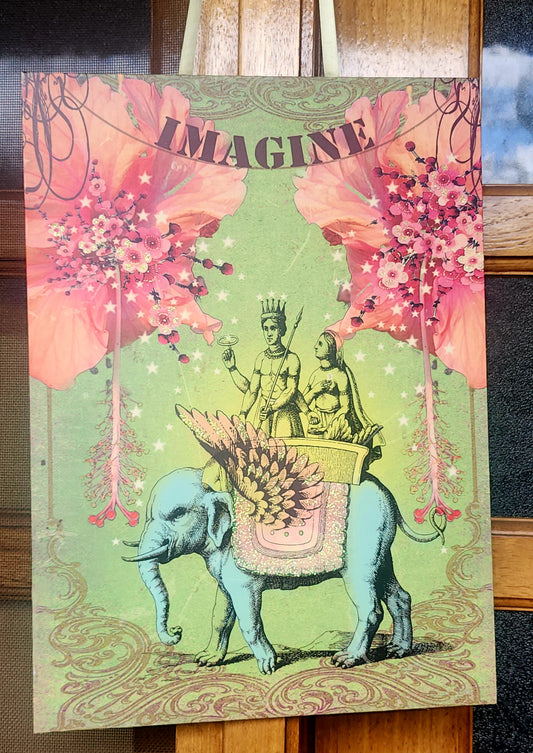 Papaya "Imagine" print with elephant 11.5" x 16" on sturdy board with ribbon loop