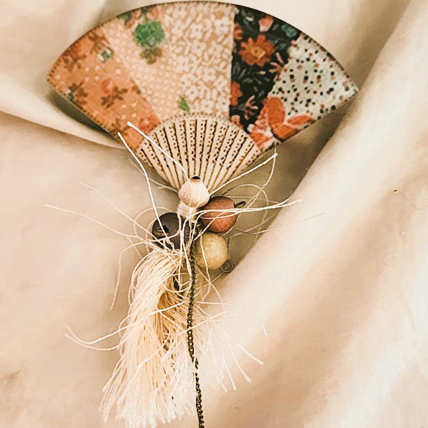Resin Asian Fan Brooch with tassell 2.5" wide