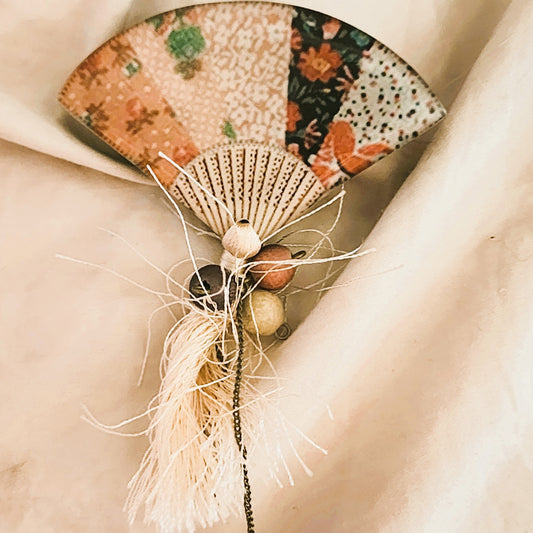 Resin Asian Fan Brooch with tassell 2.5" wide