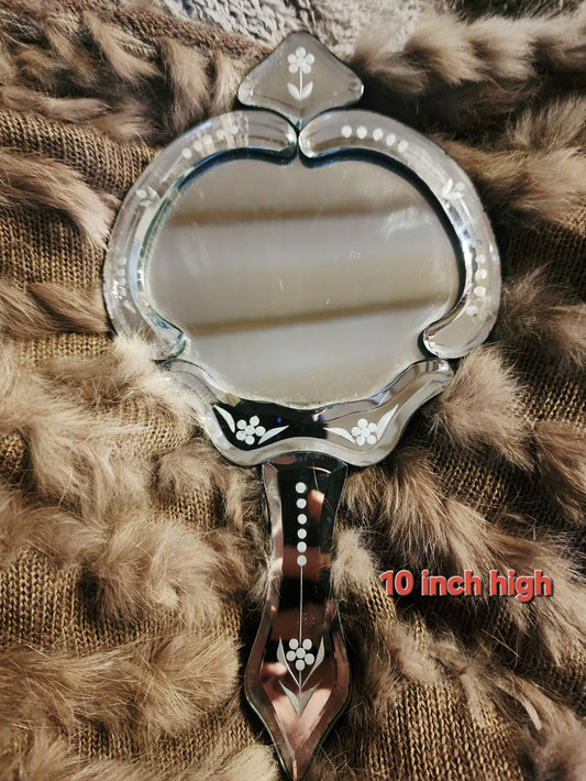 Hand-held glass decorative mirror (10")