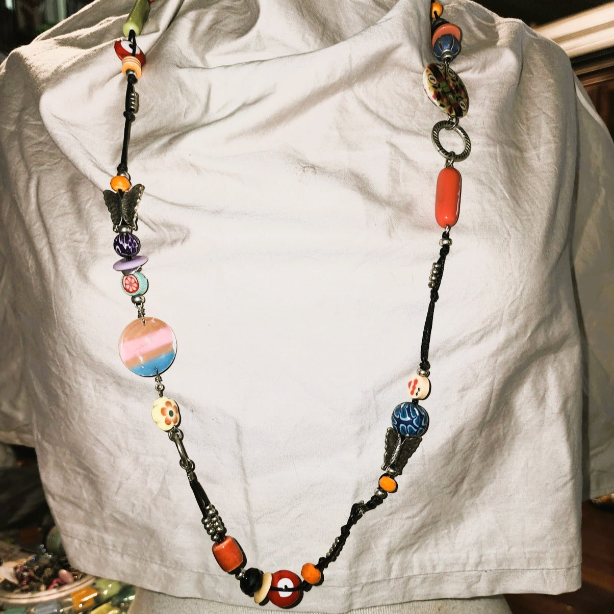 Long mult-bead cord necklace (50cm drop) Ceramic and glass beads