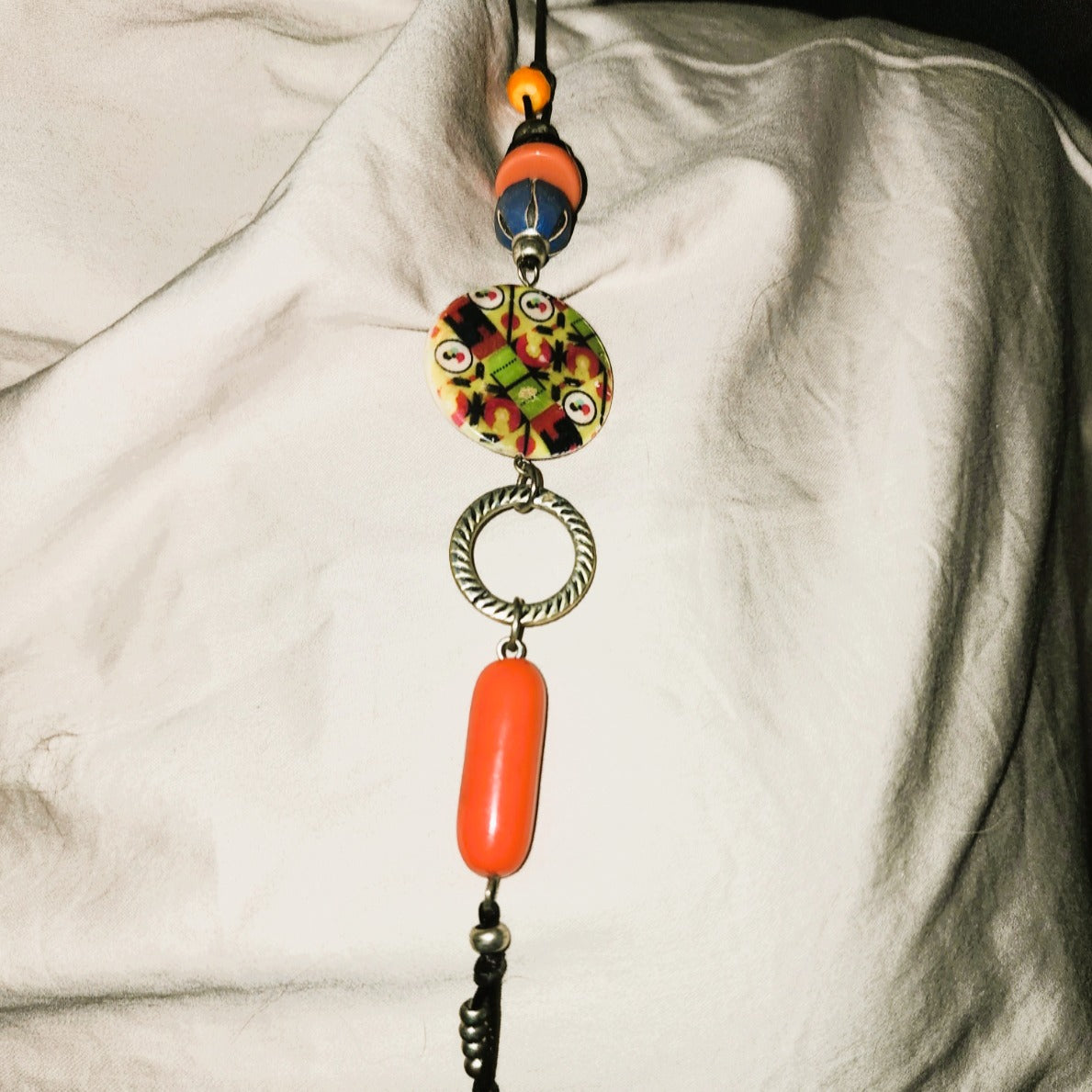 Long mult-bead cord necklace (50cm drop) Ceramic and glass beads