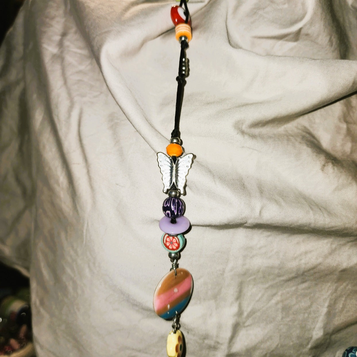 Long mult-bead cord necklace (50cm drop) Ceramic and glass beads